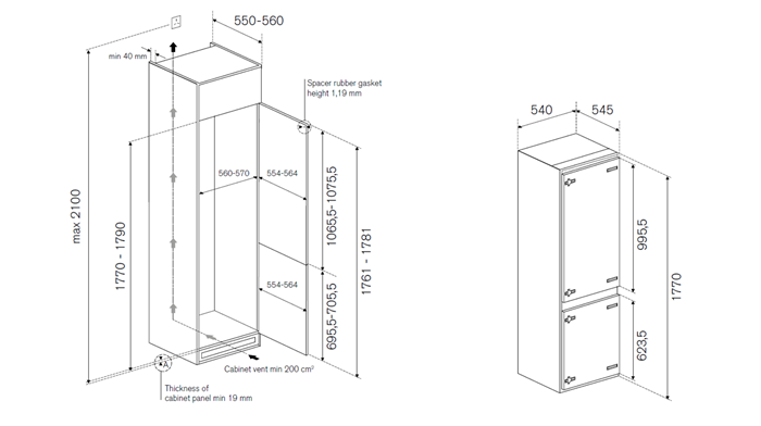 60 cm built-in bottom mount refrigerator H177, sliding door | Bertazzoni